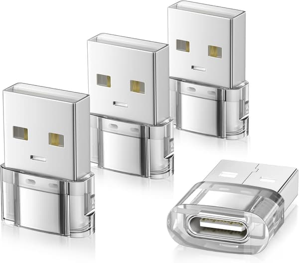 Elebase USB till USB C-adapter för iPhone 17 4-pack, USB-C hona till A hane billaddaradapter, typ C-omvandlare Apple 17e 16 Pro Max 15 14 Transparent