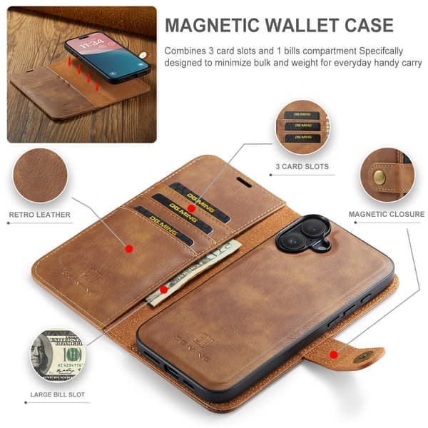 DG MING iPhone 16 2-i-1 Magnet Lommebok Etui - Brun Brun