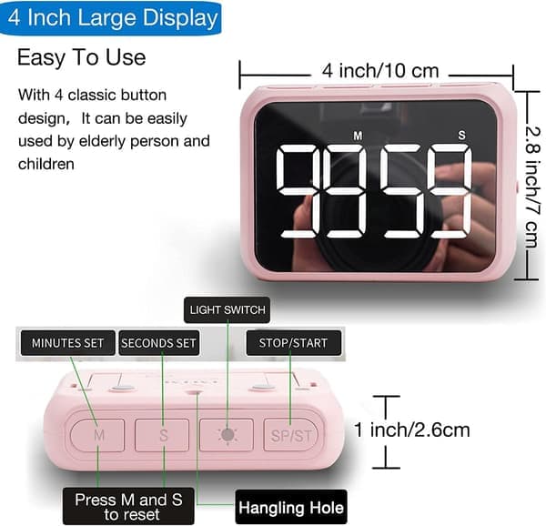 Køkkentimer (pink), 4\" digital klassetimer til børn, stor magnetisk LED nedtællingstimer, klasseværelse med kontinuerlig lysfunktion