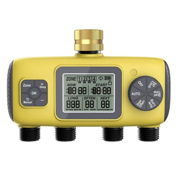 (SC) Automatic 4-Way Garden Irrigation Timer, Threaded Compatible with BSP 3/4 Inch Four-Way Irrigation As Shown