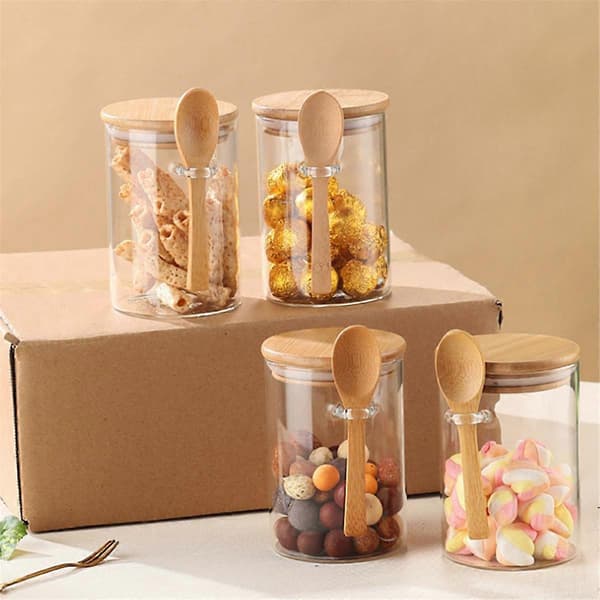 (SC) 4-pack Overnight Oats Glasbehållare med lock och skedar, Glasburkar med skedar och lock för Loo