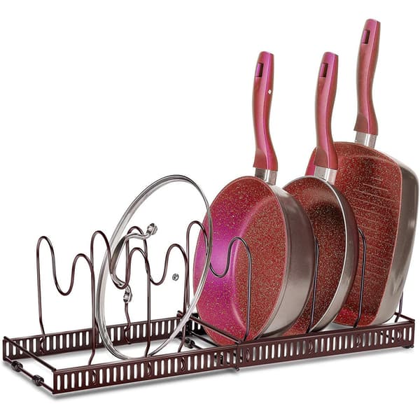 (SC)Kitchen Countertop Organizer, Extendable Length Iron Pot And Pan Organizer With Adjustable Dividers, Quick Assembly Durable And Rustproof Lid Holder
