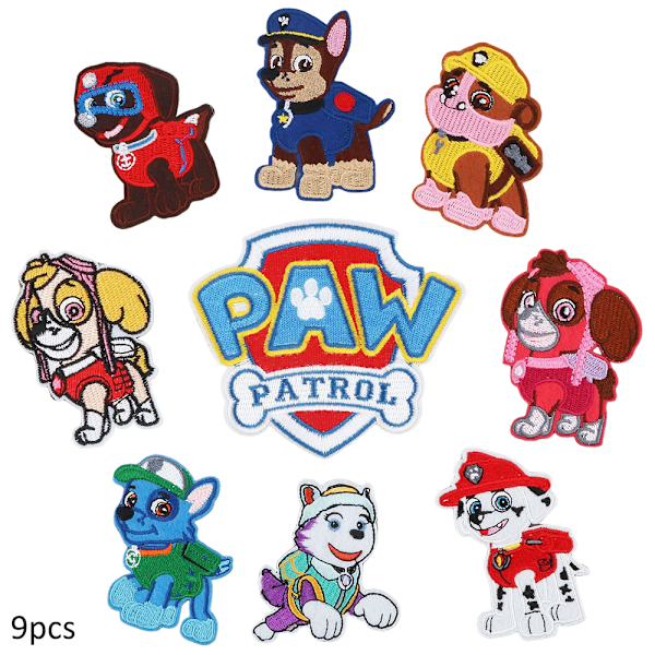 9 st PAW Patrol broderade lappar tecknad film sy på/stryk på applikation reparation lapp 9PCS