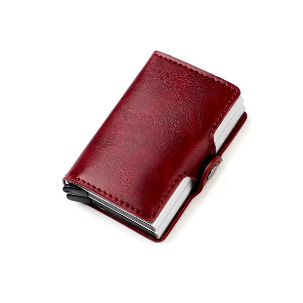 RFID-blockerande metall dubbel kreditkortslåda för män kvinnor kolfiber läder mini plånbok korthållare pengaclip wine red