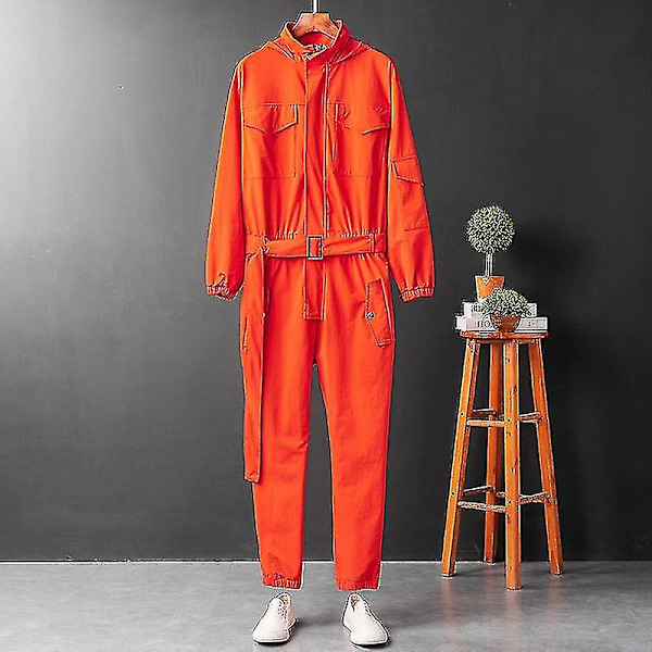 Nye Overalls Herre Jumpsuit Med Hætte Langærmet Strålefødder Japansk Gadeapparat Orange Orange L  62.5 - 67.5 KG