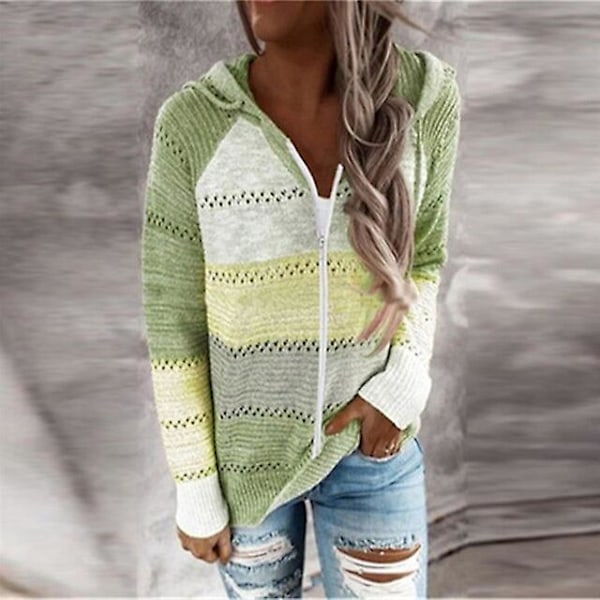 Randig elegant kofta för kvinnor, höst, långärmad topp, dam, casual stickad tröja med V-ringning, färg dragkedja grön Color Zipper Green M
