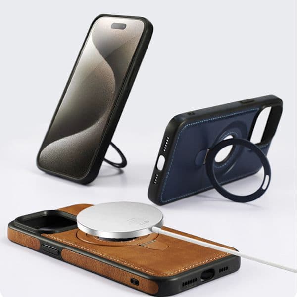 {SC}Retro PU Leather Magnetic Phone Case for iPhone 16 15 14 13 Pro Max Plus - with Invisible Ring Holder Support Wireless Charging iPhone 15