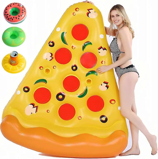 (SC)Large Inflatable Pizza Slice Pool Float with 3 Pcs Inflatable Drink Holders, Fun Pool Toys, Swimming Party Toy Summer Pool Float