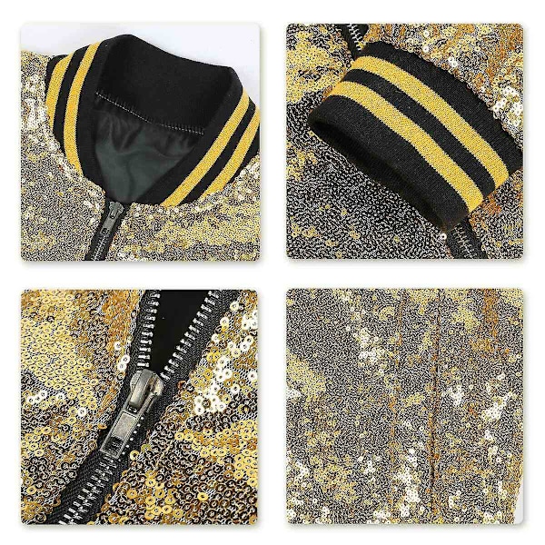 Allthemen Herr Sequin Casual Dragkedja Fest Bomberjacka-WELLNGS Guld Gold XS