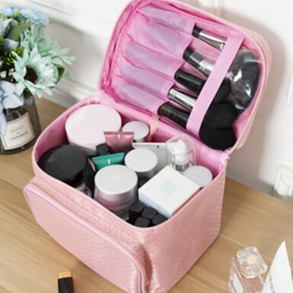 Dam Fashion Stor Kosmetisk Makeup Väska Dragkedja Tote Väska Rosa Pink 22*16*17cm