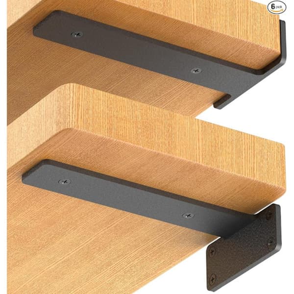 (SC) 6-pack Floating Shelf Brackets, 15 cm Black Metal L-Brackets for Shelf Support