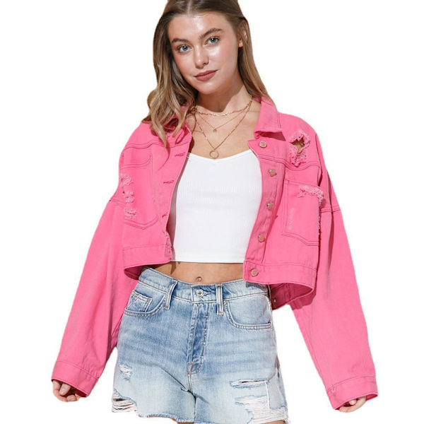 Dame Langærmet Denimjakke med Frynser Roserød Rose Red XL