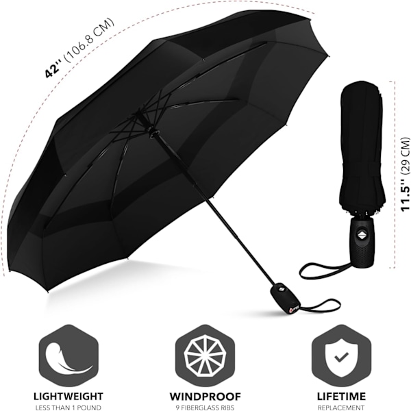 Repel Vindtæt Rejseparaply til Regn - Nem Automatisk Åbning og Lukning, Holdbar & Kompakt Paraply, Stærk Fiberglasramme, Vandafvisende Tag Black