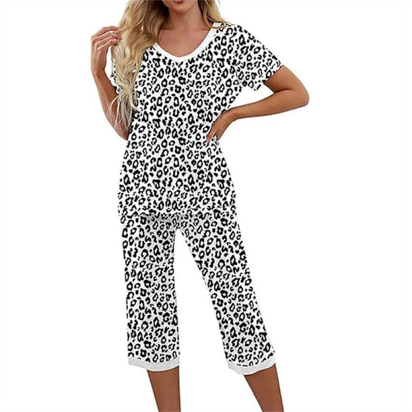 Pyjamas for kvinner, 2-delt nattøy, kortærmet T-skjorte og capri-bukser, hvit leopardmønster White Leopard Pattern 2XL