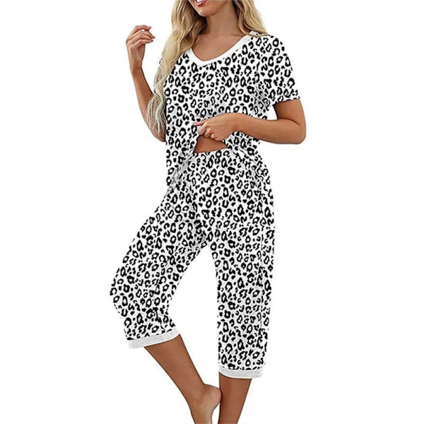 Naisten pyjamasetti, 2 osaa, lyhythihainen paita ja capri-housut, valkoinen leopardikuvio White Leopard Pattern L