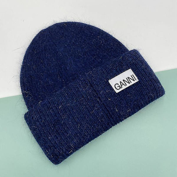 Strikkede Mænd Kvinder Ganni Vinter Varmt Hætte Cuff Strikkede Stræk Beanie Hat Navy blue