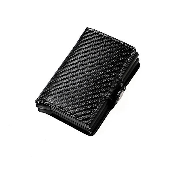 RFID-blockerande metallisk dubbel kreditkortsbox för män och kvinnor i kolfiberläder, miniplånbok, korthållare, pengaclip fiber black