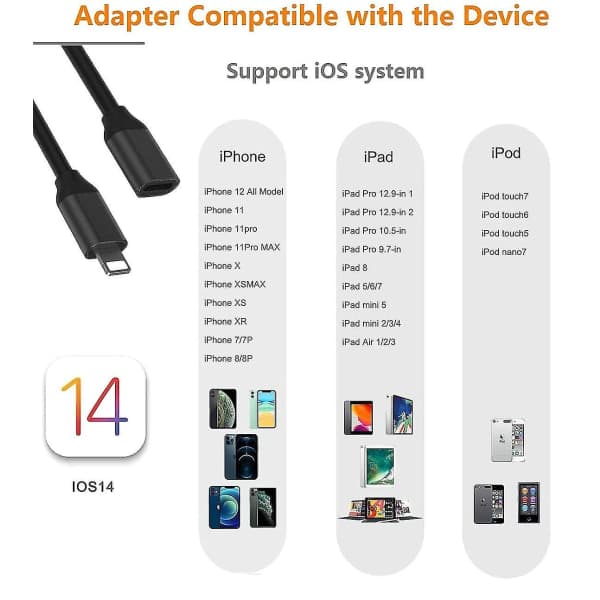 Lightning-kabel forlænger 2m til iPhone 13 iPad forlængerkabel hun til han stik til lyd video musik dataoverførsel