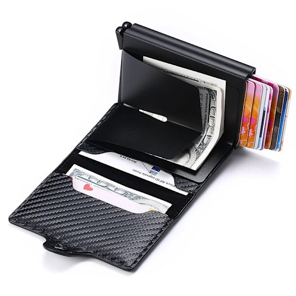 RFID-blockerande metallisk dubbel kreditkortsbox för män och kvinnor i kolfiberläder, miniplånbok, korthållare, pengaclip fiber black