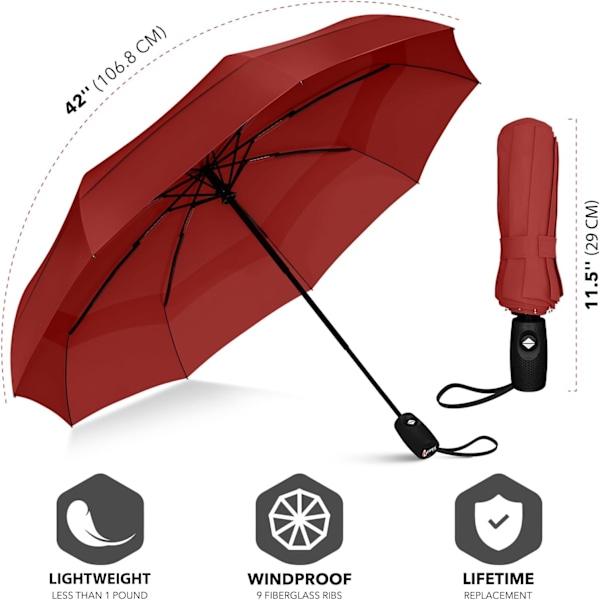 Repel Paraply Vindtåligt Reseparaply för Regn - Enkel Automatisk Öppning och Stängning, Hållbart & Kompakt Paraply, Stark Fiberglassram, Vattentätt Tak Red
