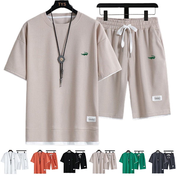 Herr sommar casual kortärmad loungewear träningsdräkt t-shirts shorts outfits vit White M