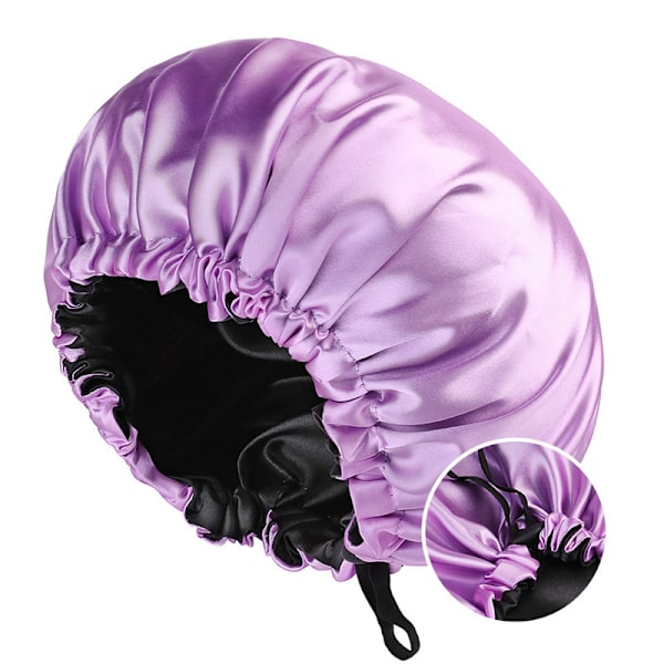 Women's Cap Double Layer Satin Nightcap Beauty and Hairdressing Adjustable Buttons Cap Light purple+Black