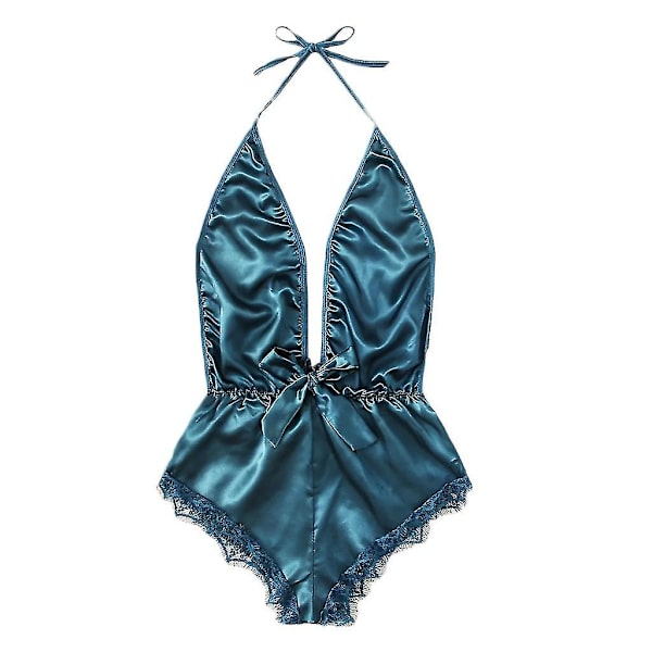 Kvinnors V-hals Spets Patch Båge Underkläder Bodysuit Nattkläder Pyjamas Silke Jumpsuit Blå Blue M
