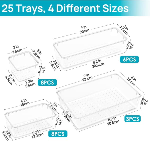 (SC)25 Pcs Clear Plastic Drawer Organizer Set, 4 Sizes Versatile Bathroom and Vanity Drawer Organizer Trays, Storage Bins for Makeup
