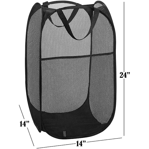 75L Deluxe Sterk Mesh Pop-up Vaskeromskurv med Sidelomme for Vaskerom, Bad, Barnerom, Sovesal eller Reise (2 stk Svart)