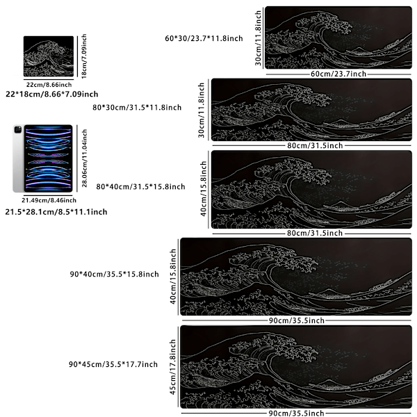 Mussematte XXL, stor laptop-mussematte, spilltilbehør, tastatur-mussematte, gummi, sklisikker, tastaturmatte, svart bølger black waves 300X600X2MM