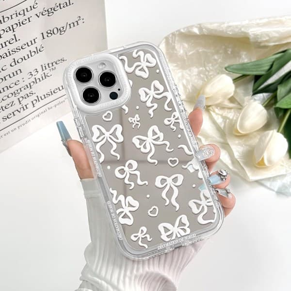 {SC}Compatible with iPhone 13 Pro Max Case Cute Mirror Bow Love Heart Pattern for Girls Strap Design Shockproof Protective Phone iPhone 13 Pro Max