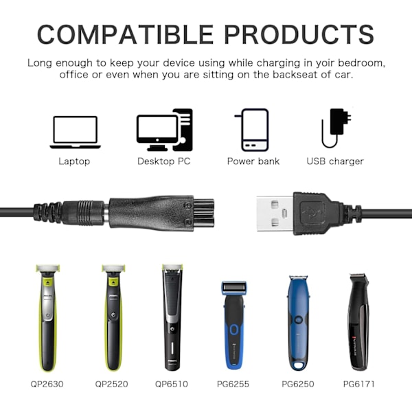 MH-5V 6-pack, 1M USB-laddare för elektriska rakmaskiner, rakmaskiner