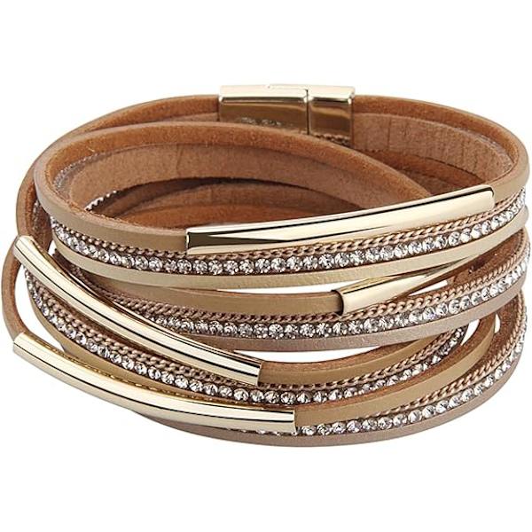Kvinnors Wrap Armband Guldpläterad Metallisk Kristall Läder Rep Armband med Magnetlås (BEIGE)