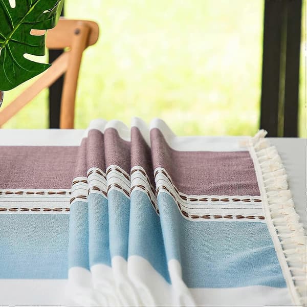 (SC) Rectangular Tablecloth Cotton Linen, Washable Tablecloth with Tassels Perfect for Rectangular Oblong Tables, Kitchen, Dining Room (140 x 220 cm, Blue Brown)