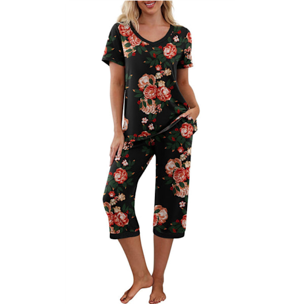 Dam 2-delad pyjamas i fleece med kortärmad t-shirt och capribyxor i svart Black S
