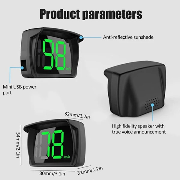 GPS-fartmåler for bil - Head-Up Display med hastighetsalarm