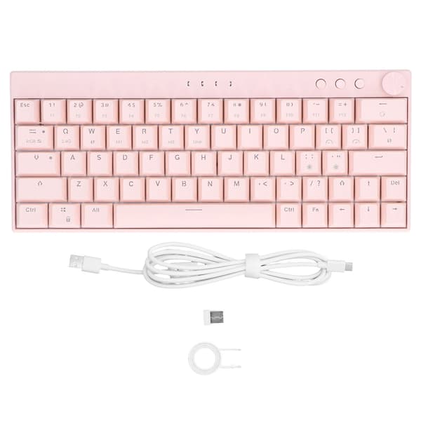 (SC)64 Keys RGB Wireless Mechanical Keyboard Pink Ergonomic Design with Knob for IOS Red Switch 3 Modes