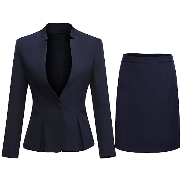 Yynuda Kvinders 2-delt Stående Krave Ensfarvet Business Suit Kontor Dame Slank Professionel Kjole (blazer + Skørt) Navy  Blue XL