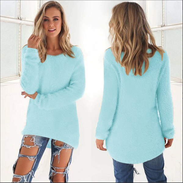 Dame Langærmet Pludset Trøje Jumper Trøje Sweatshirt Top Søblå lake blue M