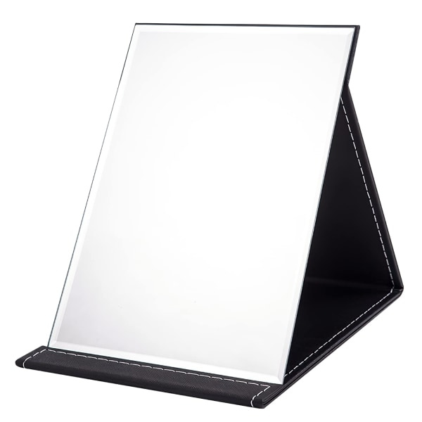 21x15cm Bärbar Fällbar Spegel, Super HD Kompakt Smink Spegel, Svart PU Läder Resespegel, Fristående Smink Spegel