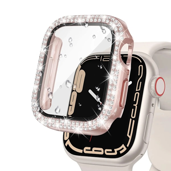 Glass+Diamond Deksel for Apple Watch etui 40mm 44mm 41mm 45mm 38mm 42mm Bling Bumper Beskytter iWatch serie 9 3 5 6 7 8 se etui rose rosa 42mm series 3 2 1 rose pink