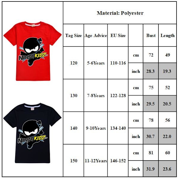 Ninja Kids Tryckt T-shirt Barn Pojkar Kortärmad Toppar Röd Red 11-12 Years