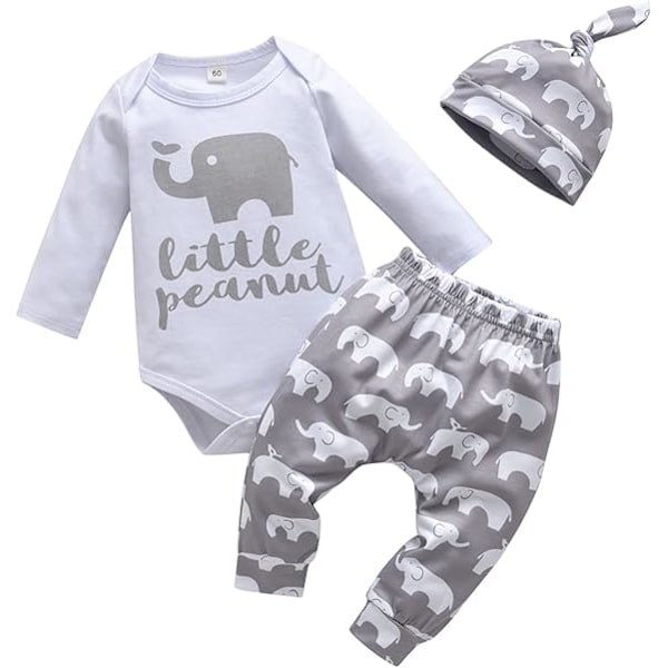 Baby Boy Clothes Autumn Winter Long Sleeve Romper Print Top + Pants + Hat 3 Piece Set Gray