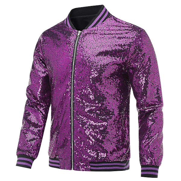 Allthemen Herr Sequin Casual Dragkedja Fest Bomberjacka-WELLNGS Lila Purple S