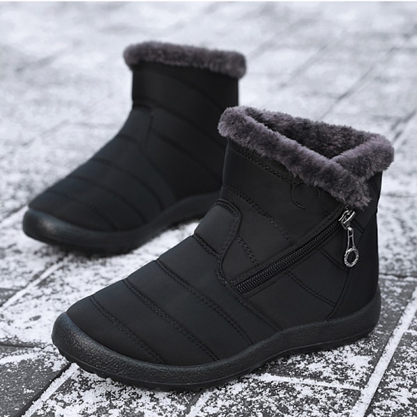 Stövlar för kvinnor, fluffiga, tjocka, fleecefodrade snöstövlar, varma ankelstövlar med blixtlås, svart black 40