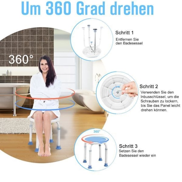 Aufun justerbar rund brusekrak i aluminiumslegering, 360 graders drejelig sæde, 30x30x37-57cm, sikker belastning: 136kg vitt och blått