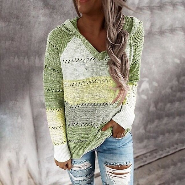 Stribet Elegant Cardigan til Kvinder, Langærmet Top, Casual Strikket Trøje med V-hals og Hætte, Lysegrøn Color Hooded Light Green XL