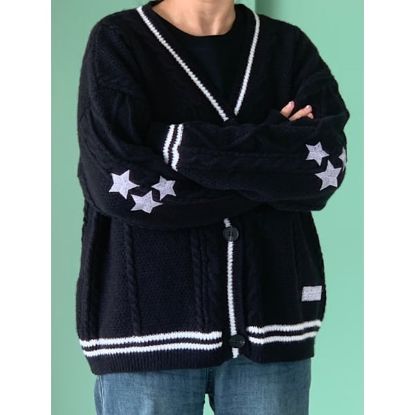 Taylor Swift Star Folklore Cardigan Stjernebrodert Oversized Strikket Bunn Opp Genseren Svart Black L