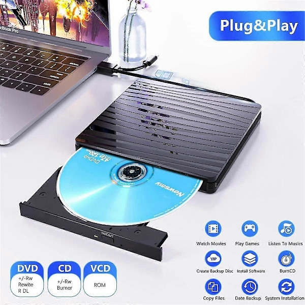 Ekstern Cd/dvd-drev til bærbar computer, Usb 3.0 Type-c Bærbar Cd Dvd +/-rw Brænder Optisk Drev Læser Skriver Dvd-afspiller