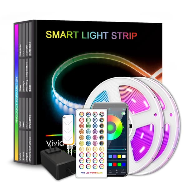(SC) Bluetooth RGB LED Strip - 30m/40m Roll, Music Controlled Light Strip, Smart App and Remote Control, 12V, Dimmable 5m 90 light IP20
